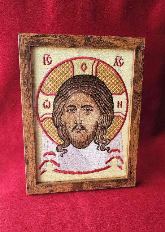 Christ Acheiropoietos (Holy Face) Embroidered Icon  Mandylion Icon  6x8 Framed Icon on