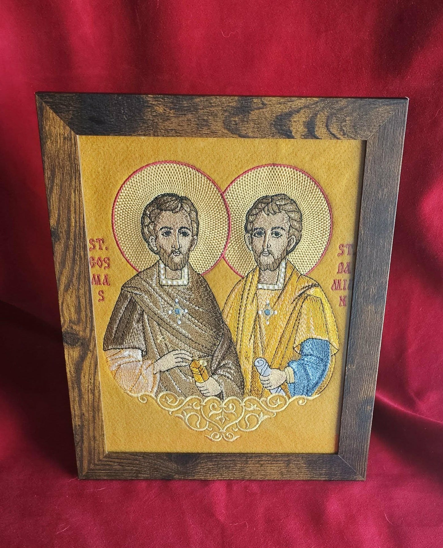 Saints Cosmas and Damian Orthodox embroidered icon, 8x10, framed