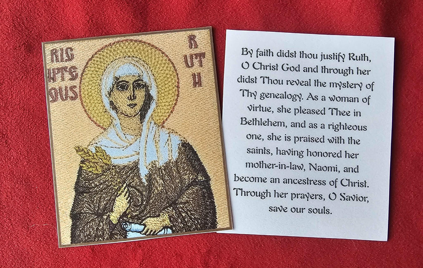 The Righteous Ruth Orthodox Prayer Card Laminated embroidered icon, 8x3