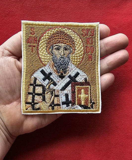 Saint Spyridon Embroidered Pocket Icon 3.35x3.94 Orthodox Icon Patch or Prayer Icon, Handmade Saint Spyridon of Trimythous Pocket Icon Cloth
