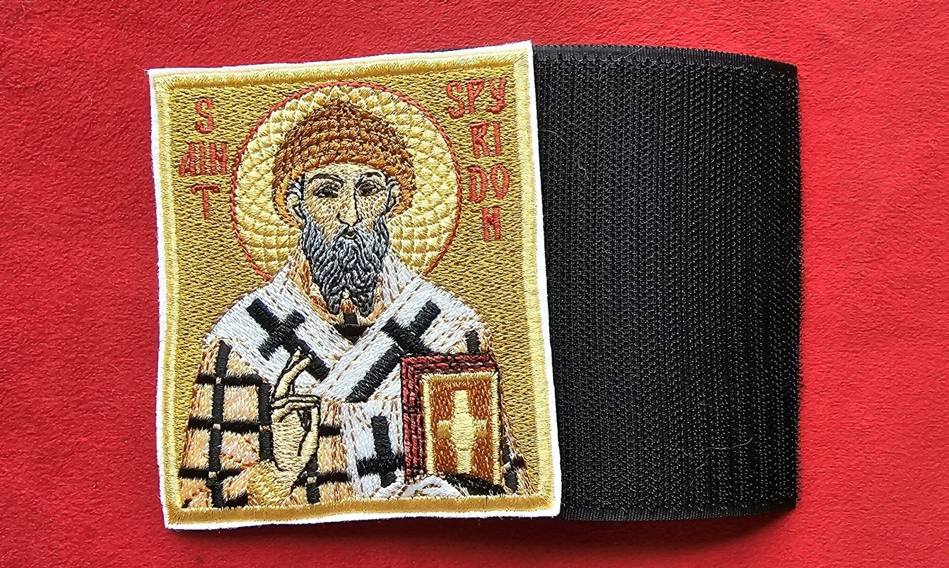 Saint Spyridon Embroidered Pocket Icon 3.35x3.94 Orthodox Icon Patch or Prayer Icon, Handmade Saint Spyridon of Trimythous Patch Hook Backing