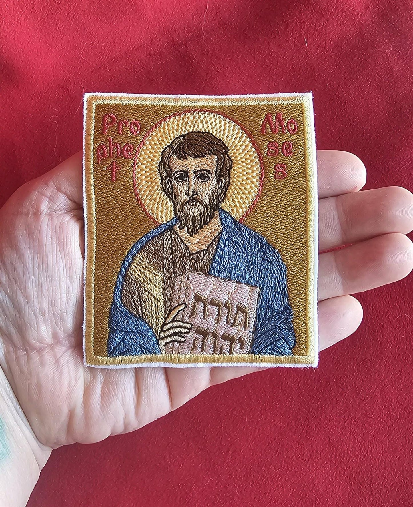 Prophet Moses Embroidered Orthodox Icon Pocket Icon / Hook Back 3.35 x 3.94 in Pocket Icon Linen