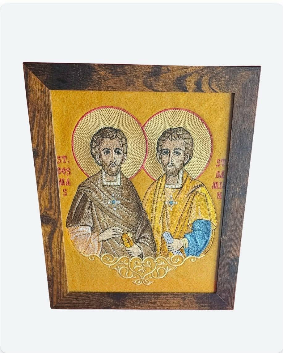 Saints Cosmas and Damian Orthodox embroidered icon, 8x10, framed