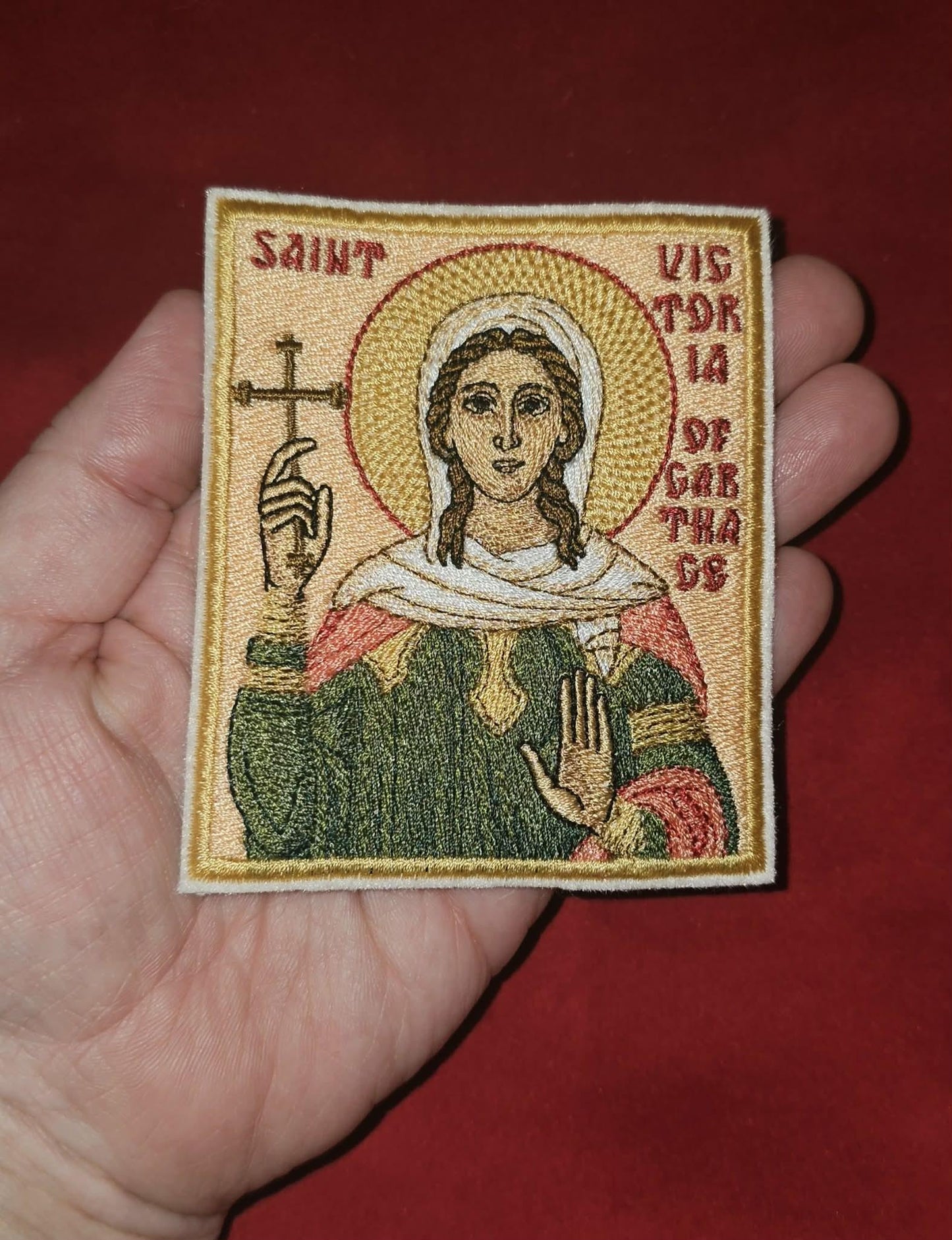 Saint Victoria of Carthage Embroidered Pocket Icon 3.35x3.94 Orthodox Saint Victoria Icon Hook Backing Devotional Embroidery Pocket Icon Cloth