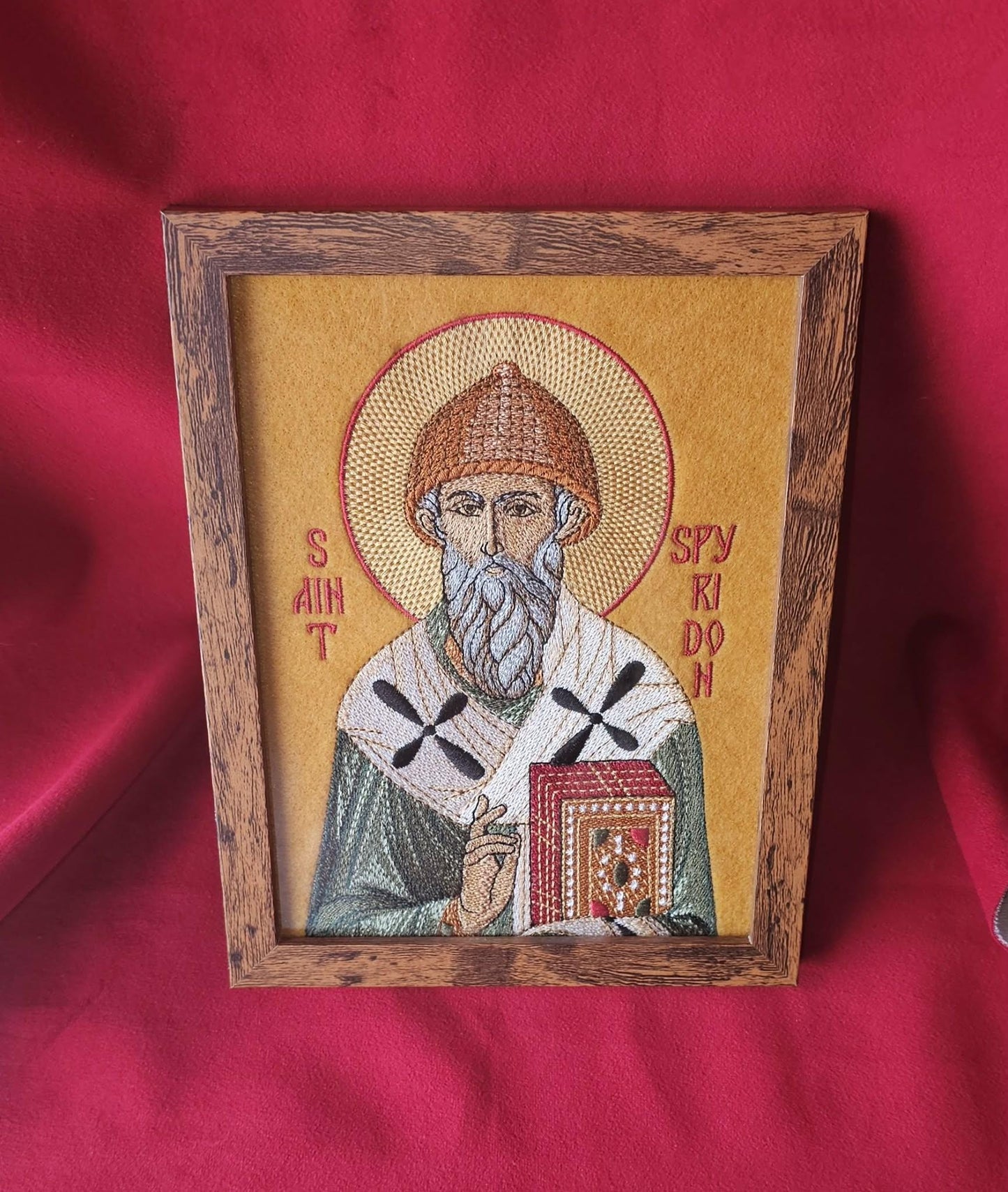 Saint Spyridon Orthodox embroidered icon, 6x8