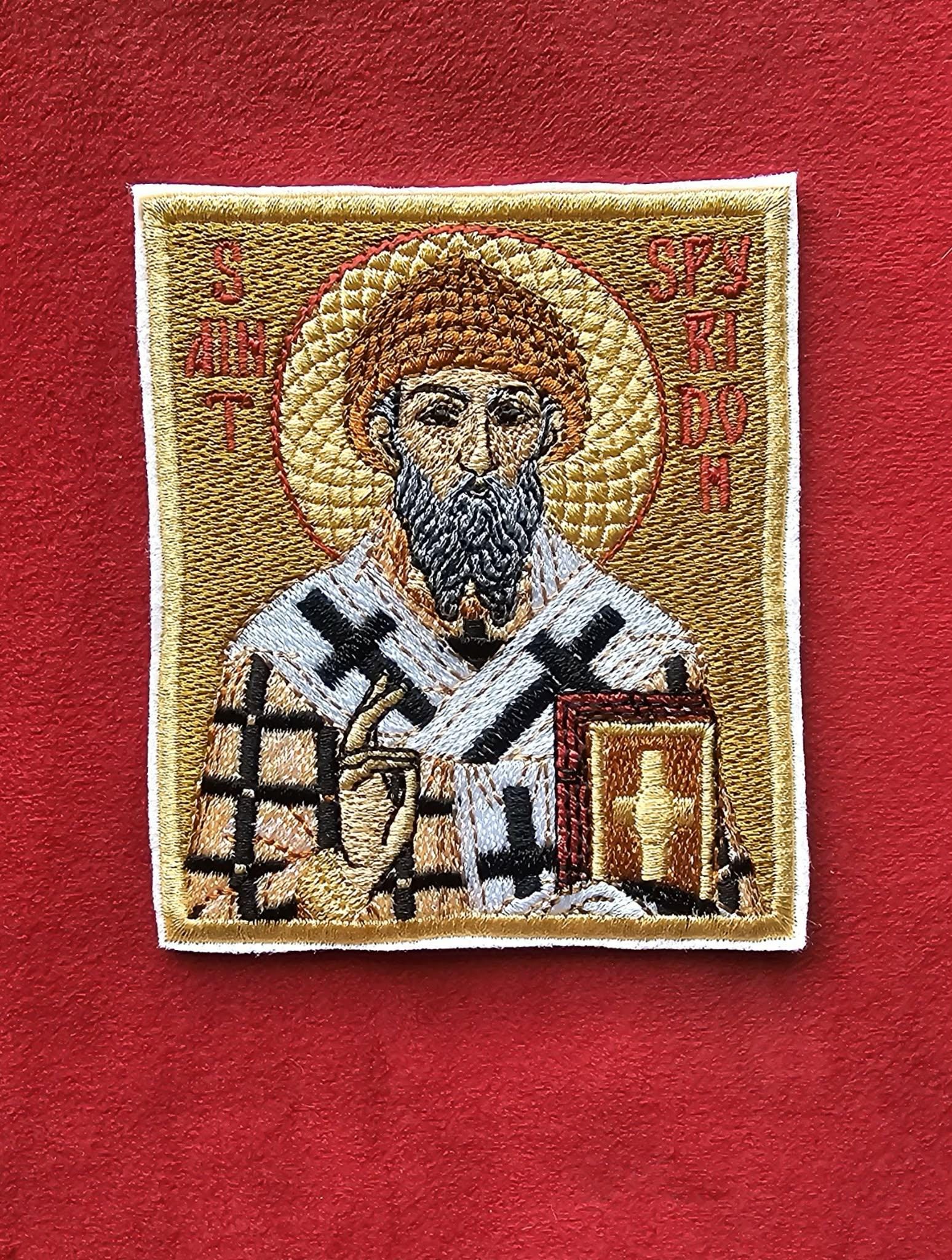 Saint Spyridon Embroidered Pocket Icon 3.35x3.94 Orthodox Icon Patch or Prayer Icon, Handmade Saint Spyridon of Trimythous