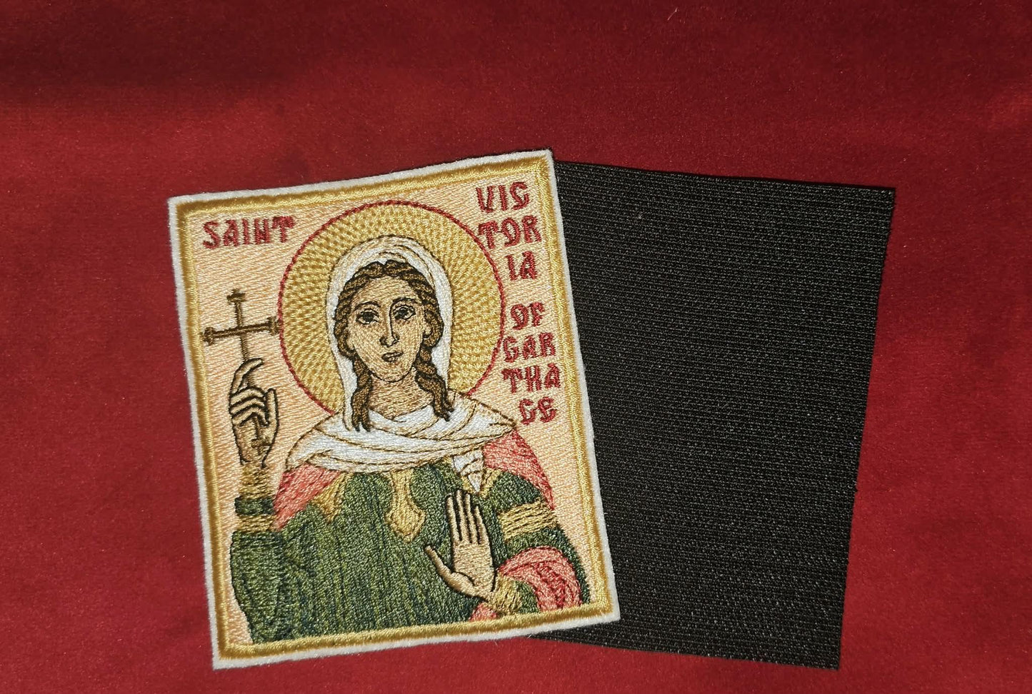 Saint Victoria of Carthage Embroidered Pocket Icon 3.35x3.94 Orthodox Saint Victoria Icon Hook Backing Devotional Embroidery Patch Hook Backing