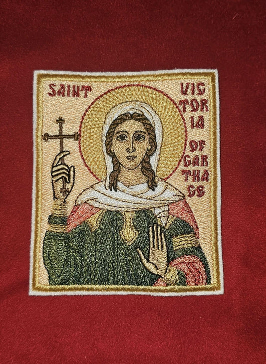Saint Victoria of Carthage Embroidered Pocket Icon 3.35x3.94 Orthodox Saint Victoria Icon Hook Backing Devotional Embroidery