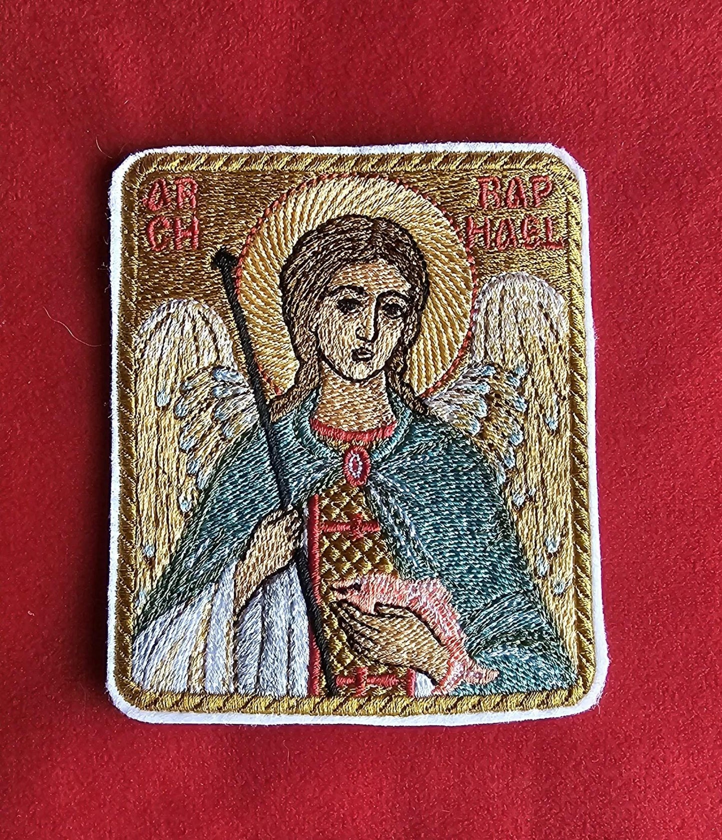 Embroidered Orthodox icon: Raphael the Archangel Embroidered Orthodox Icon  Pocket Icon or Hook Patch  Archangel Raphael  Christian Gift  Orthodox Devotional