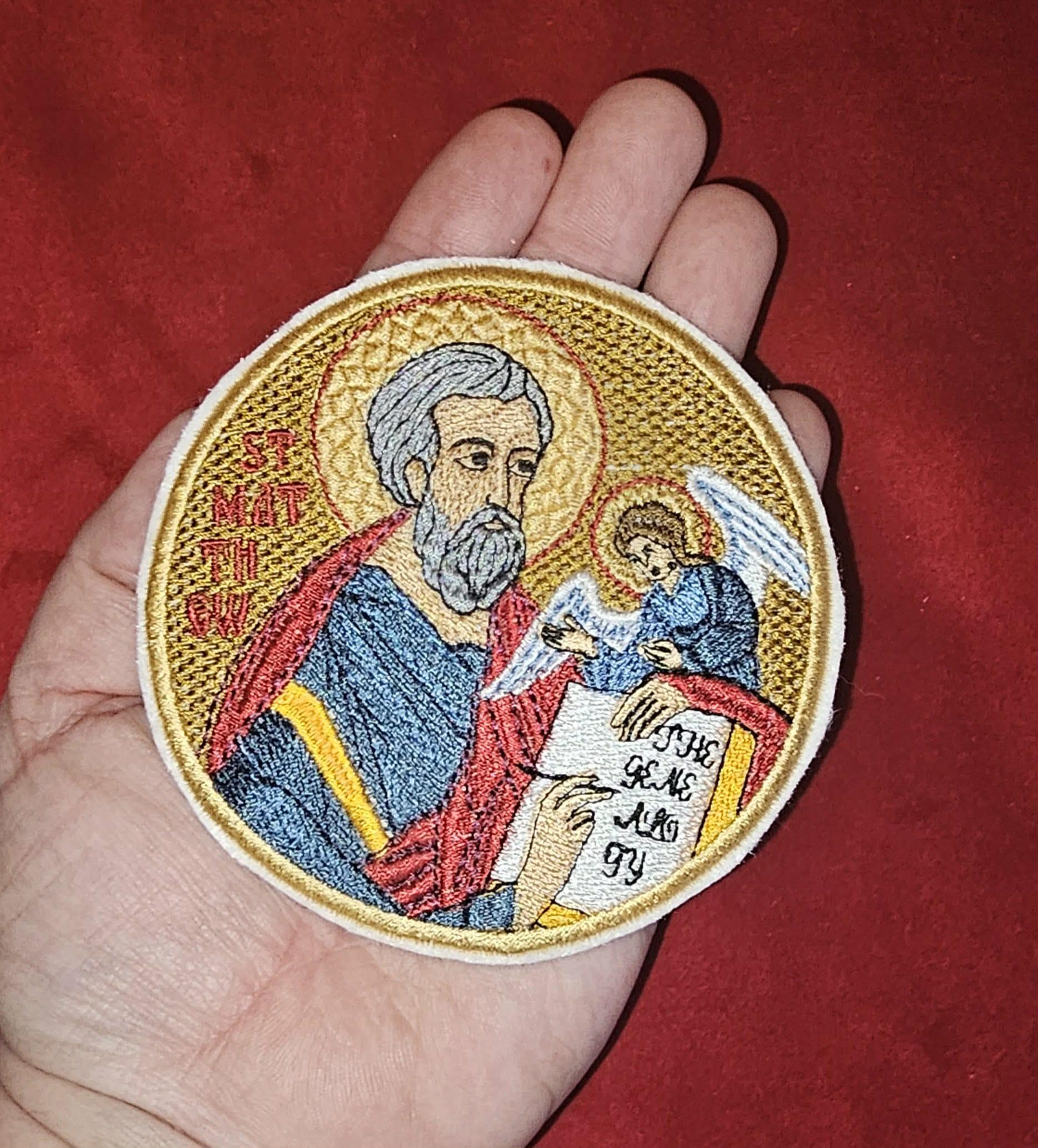 Saint Matthew Orthodox embroidered icon, 4 inch round