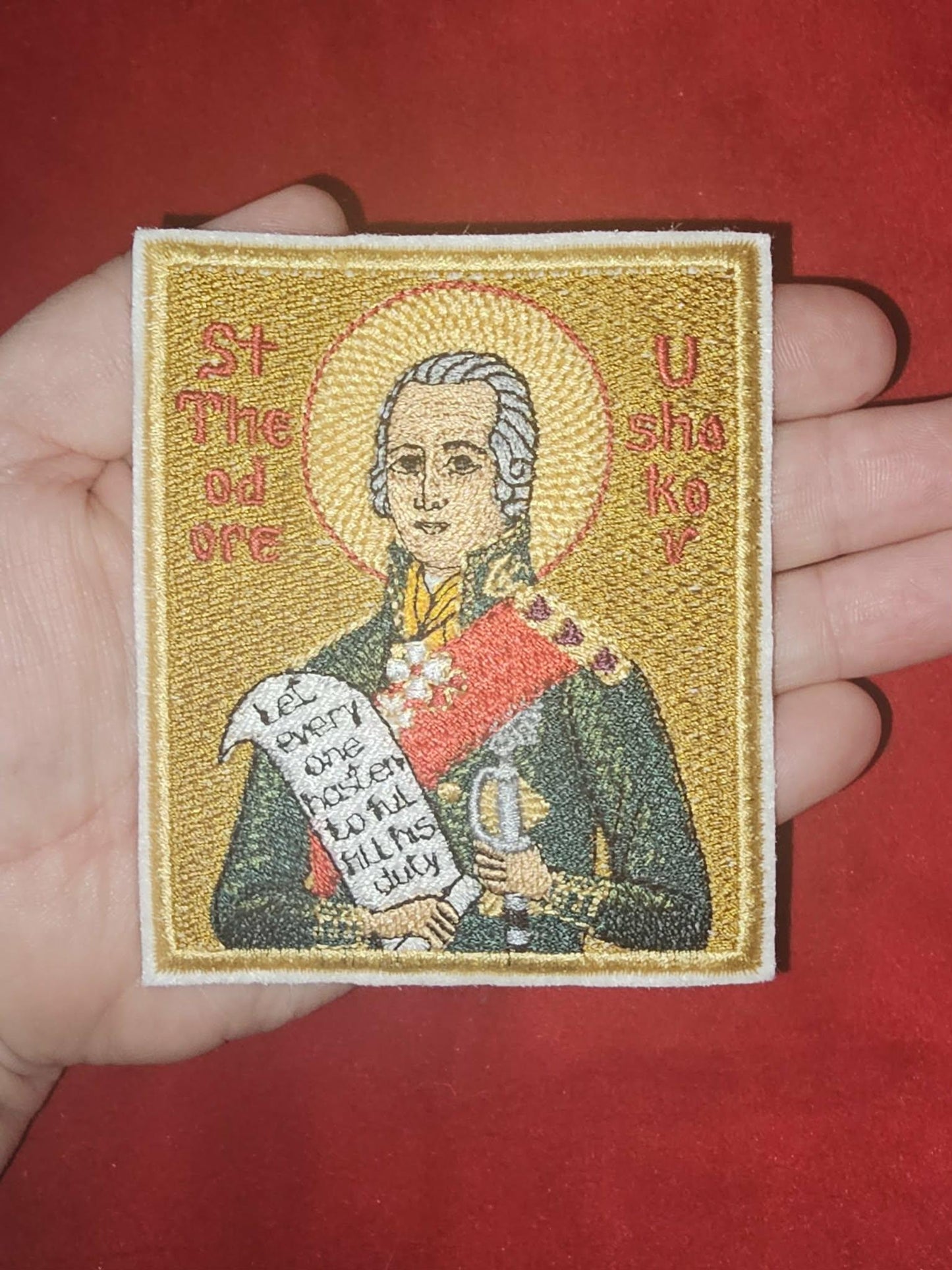 Saint Theodore Ushakov Orthodox embroidered icon, 3.35x3.94, pocket size