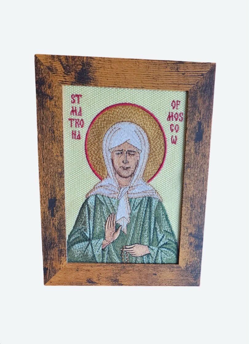 Saint Matrona of Moscow Orthodox embroidered icon, 5x7, framed