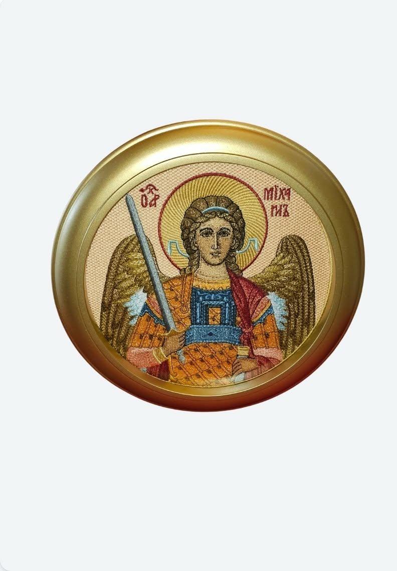 Archangel Michael Orthodox embroidered icon, 8 round, framed