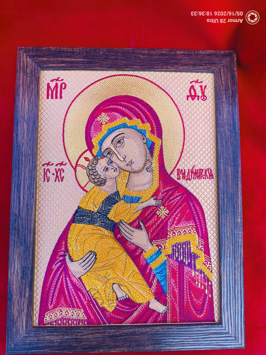 Virgin of Vladimir Embroidered Orthodox Icon 8x11  Theotokos of Vladimir  Machine Embroidered Christian Wall Art  Orthodox Gift
