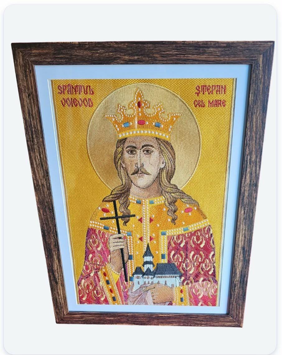 Machine Embroidered Orthodox Icon of Saint Stephen the Great  Framed 11×15, Matted 10×14, Embroidery 9.45×14.17  Romanian Religious Art