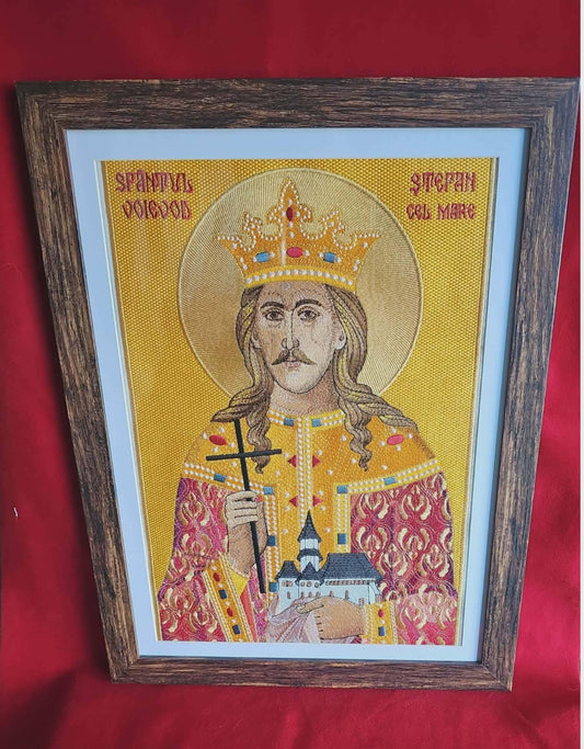 Machine Embroidered Orthodox Icon of Saint Stephen the Great Framed 11×15, Matted 10×14, Embroidery 9.45×14.17 Romanian Religious Art