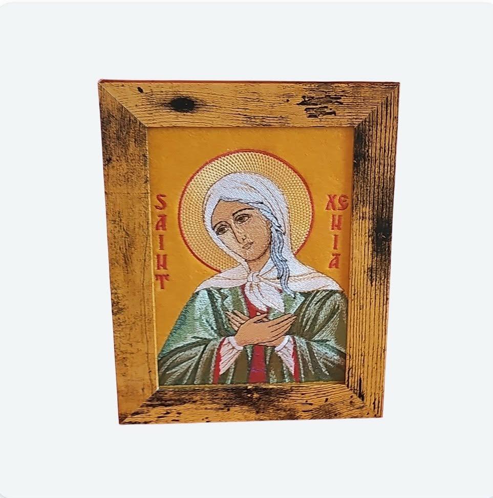 Saint Xenia of St. Petersburg Machine Embroidered Orthodox Icon5×7 Framed Byzantine Style Christian Art