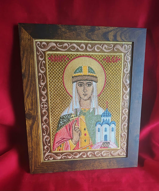 Embroidered Orthodox Icon of Saint Olga of Kyiv Framed 8x10 Religious Artwork