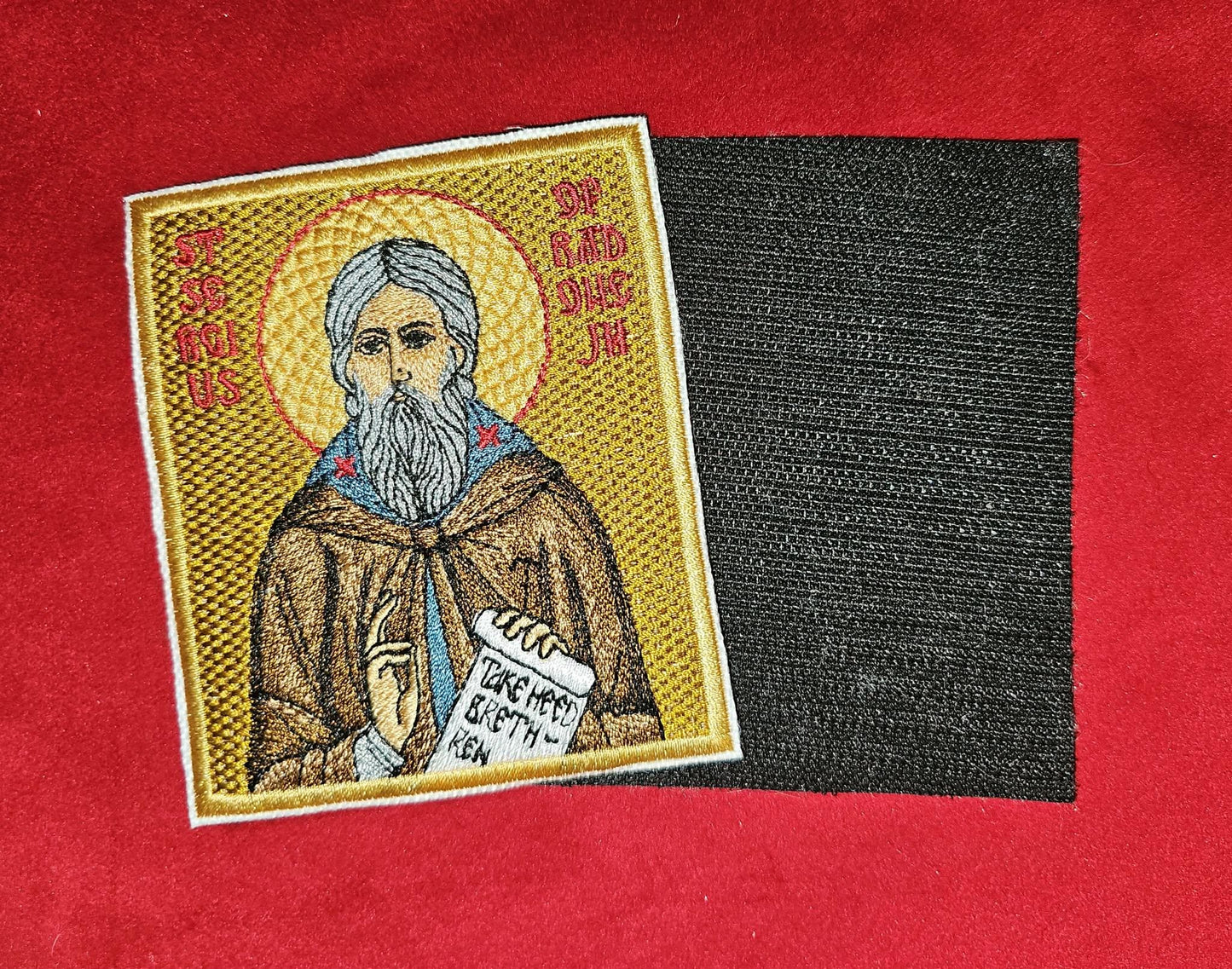 Saint Sergius of Radonezh Orthodox Embroidered Pocket Icon Patch Hook Side Backing 3.35×3.94" Religious Embroidery Patch hook backing