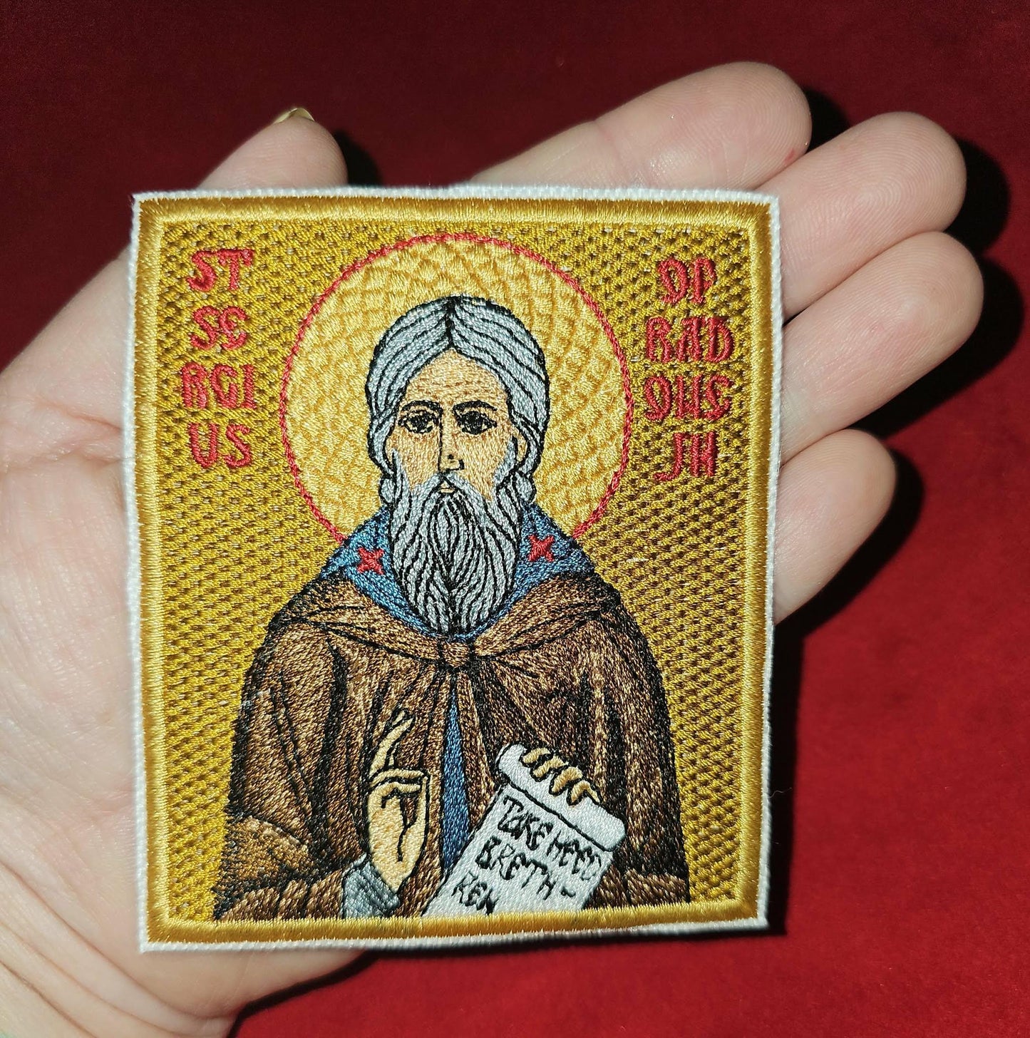Saint Sergius of Radonezh Orthodox Embroidered Pocket Icon Patch Hook Side Backing 3.35×3.94" Religious Embroidery
