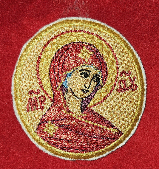 Theotokos Embroidered Icon 2.36×2.56" Pocket or Hook Side Backing Orthodox Christian Mother of God Embroidery