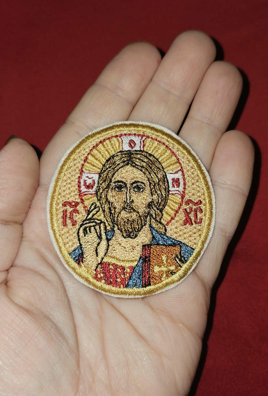 Jesus Christ Pantocrator Round Embroidered Icon Byzantine Orthodox Christian 2.36×2.56" Pocket or Patch Option Pocket Icon