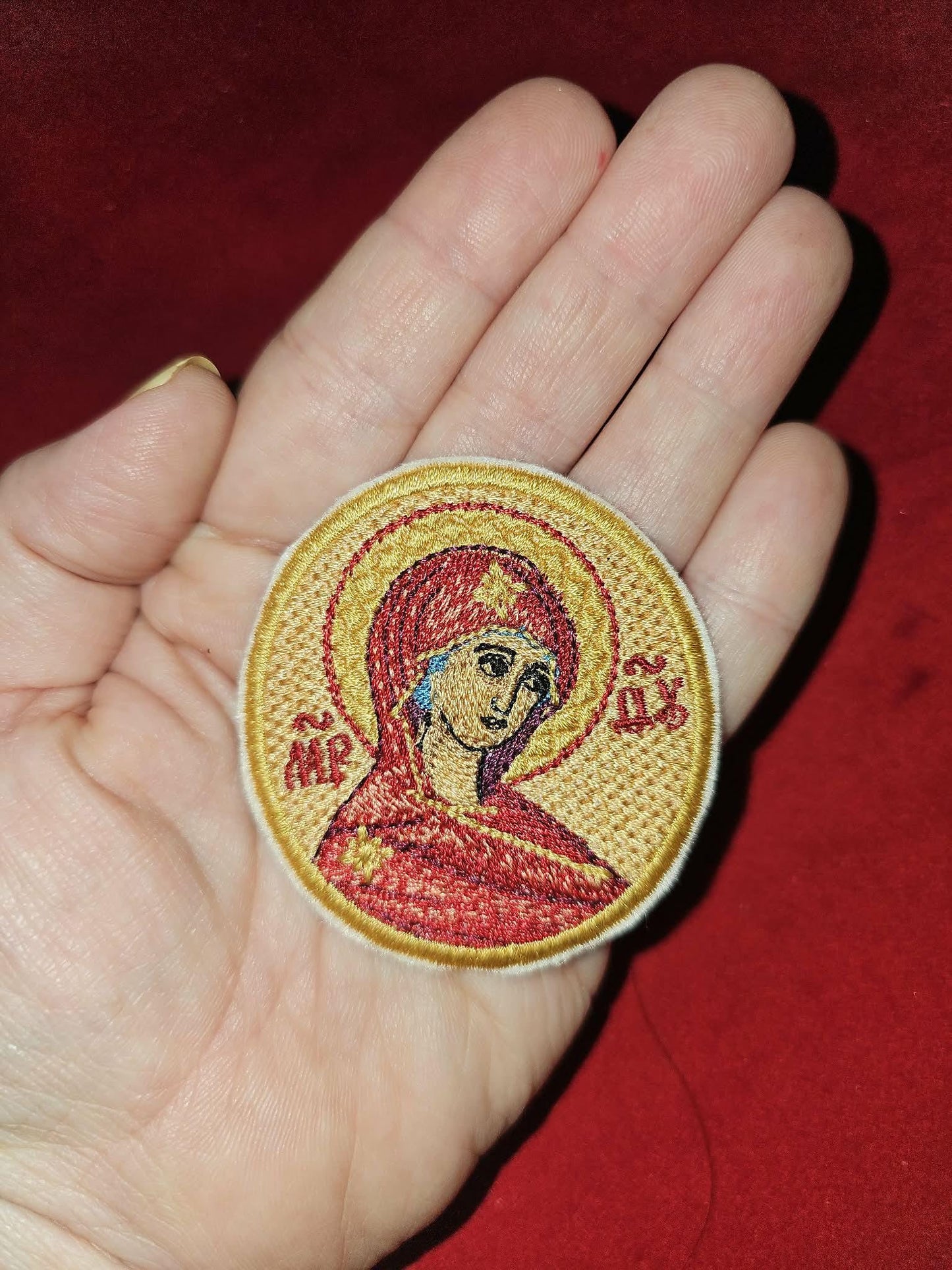 Theotokos Embroidered Icon 2.36×2.56" Pocket or Hook Side Backing Orthodox Christian Mother of God Embroidery Pocket Icon Cloth