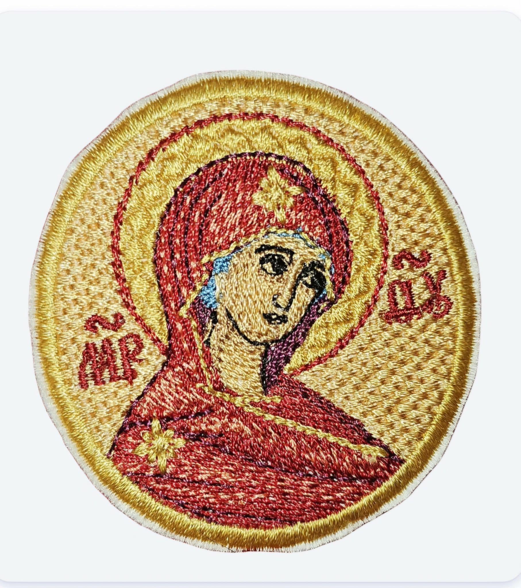 Theotokos Embroidered Icon 2.36×2.56" Pocket or Hook Side Backing Orthodox Christian Mother of God Embroidery