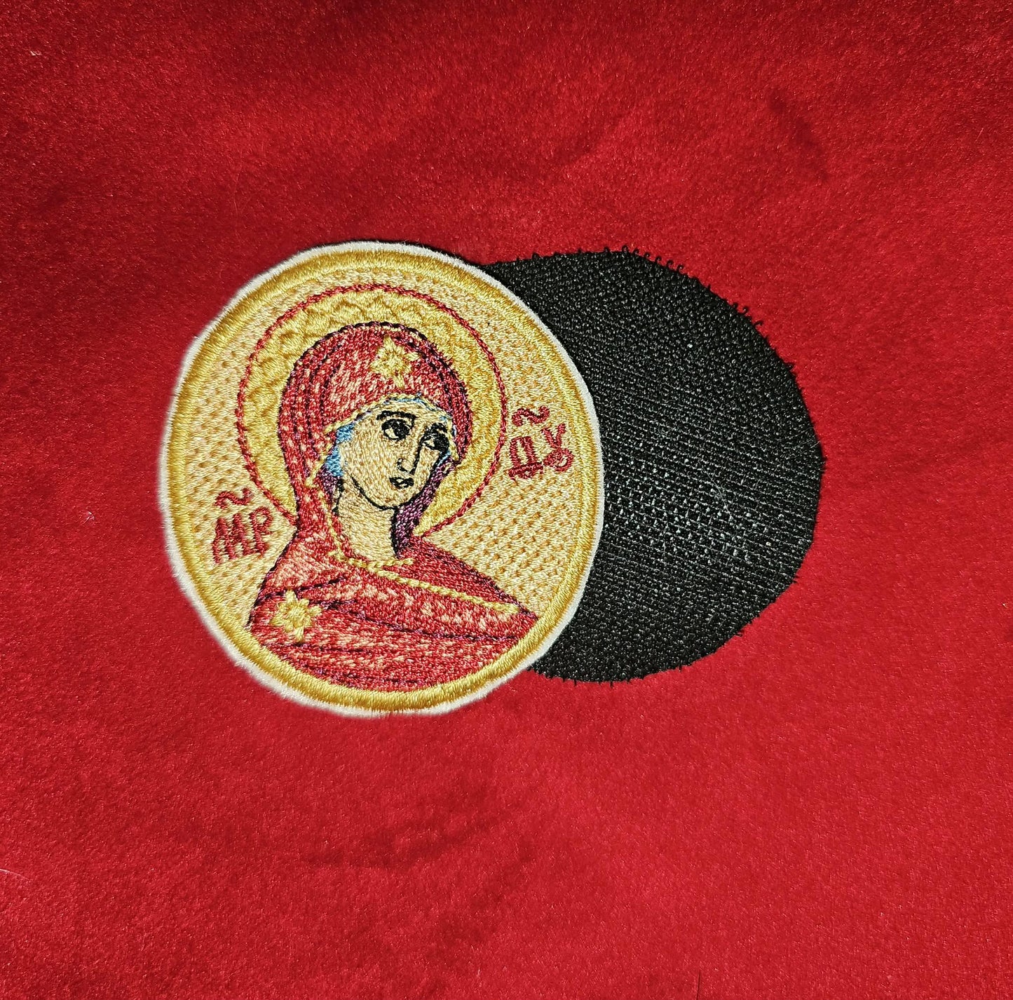Theotokos Embroidered Icon 2.36×2.56" Pocket or Hook Side Backing Orthodox Christian Mother of God Embroidery Patch Hook Backing