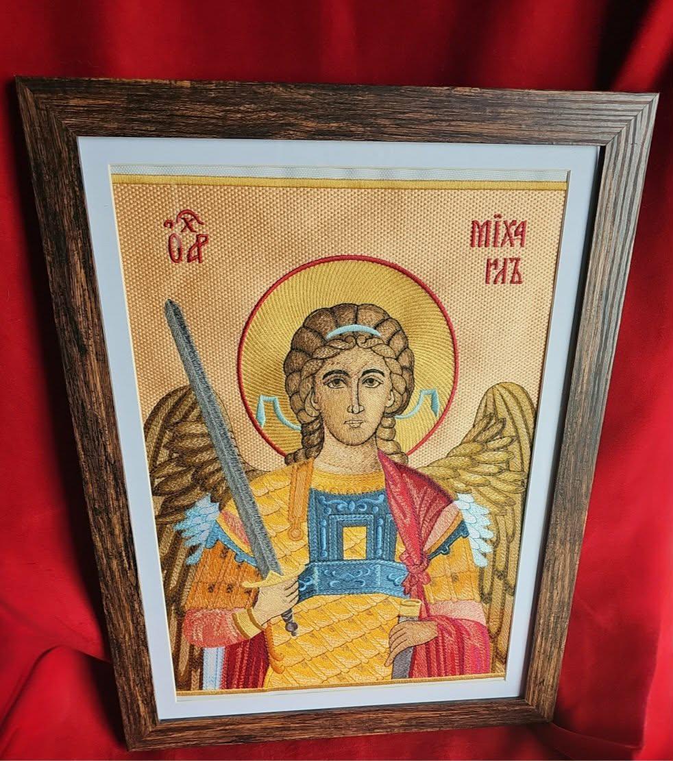 Archangel Michael Embroidered Icon | 11x14 Large Framed Orthodox Christian Wall Art | St. Michael the Archangel Byzantine Home Decor