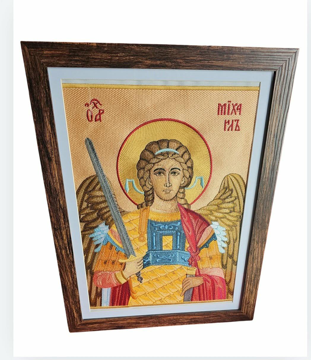 Archangel Michael Embroidered Icon | 11x14 Large Framed Orthodox Christian Wall Art | St. Michael the Archangel Byzantine Home Decor
