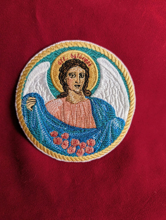 Archangel Barachiel Embroidered Patch or Pocket Icon | 3.93" Orthodox Angel of Blessings & White Roses