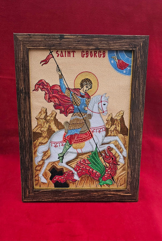Handmade 8x11 St. George And The Dragon Embroidered Orthodox Icon - Religious Art, Christian Home Decor
