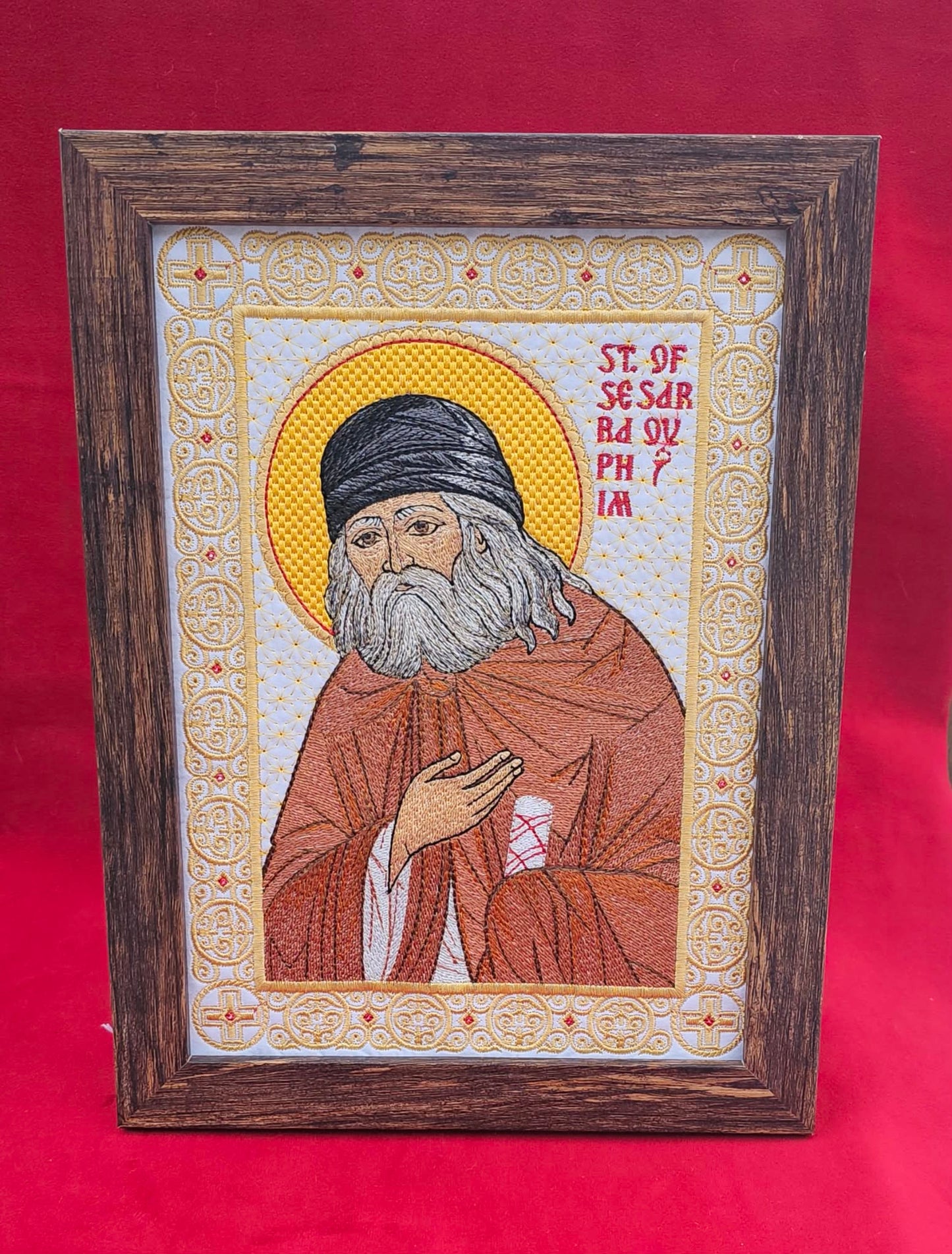 Handmade 8x11 St. Seraphim of Sarov Embroidered Orthodox Icon - Religious Art, Christian Home Decor