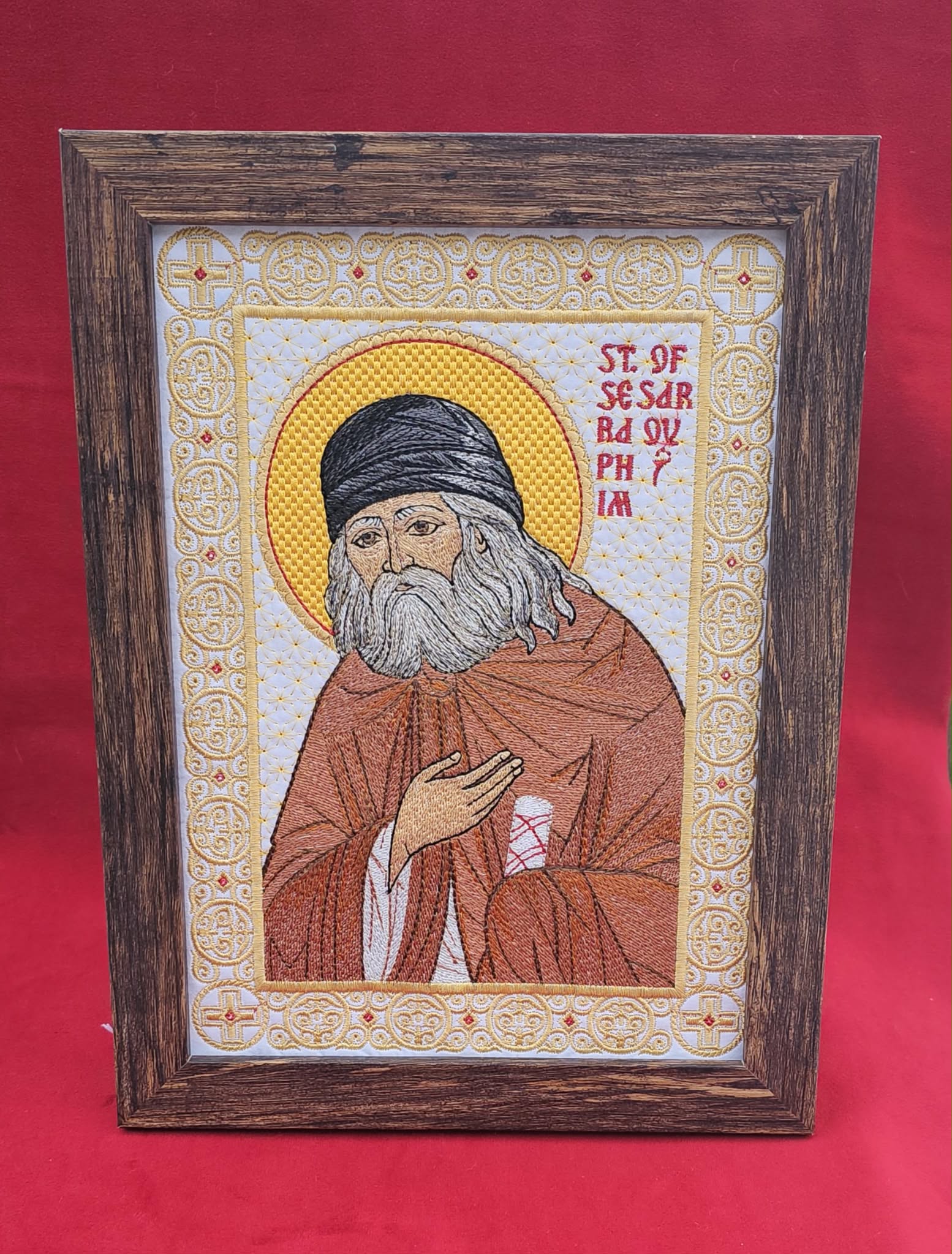 Handmade 8x11 St. Seraphim of Sarov Embroidered Orthodox Icon - Religious Art, Christian Home Decor