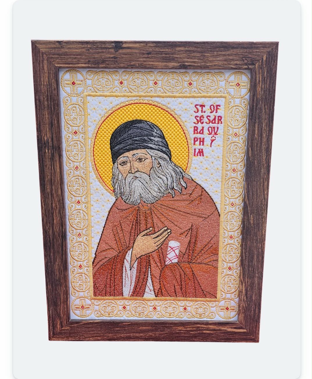 Handmade 8x11 St. Seraphim of Sarov Embroidered Orthodox Icon - Religious Art, Christian Home Decor